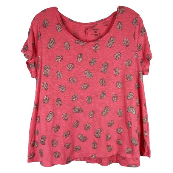 Crown Ivy‎ Petite Large Top Pink Sparkly Monstera Leaf Print Short Sleeve 1354 - Picture 1 of 4